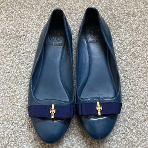 TORY BURCH Trudy Navy blue patent leather grosgrain bow ballet flats